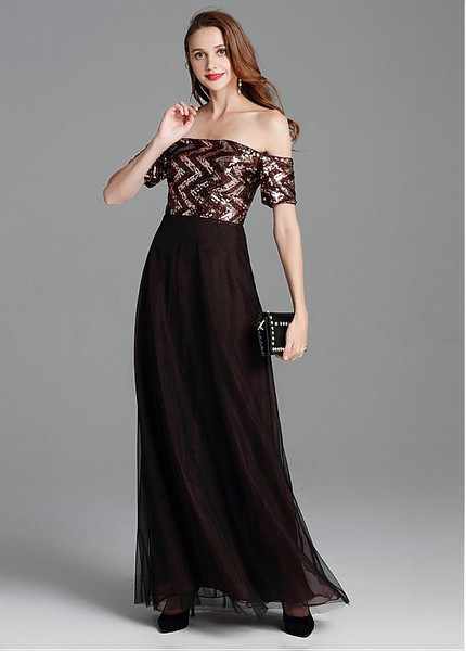 Ready To Ship  Tulle Off-the-shoulder Brown Prom Dress With Sequins