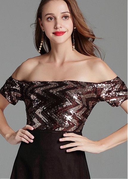 Ready To Ship  Tulle Off-the-shoulder Brown Prom Dress With Sequins