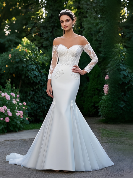 Shop 2025 ANNAKOO  Off The Shoulder Satin Long Sleeve Appliques Mermaid Wedding Dress Under 239