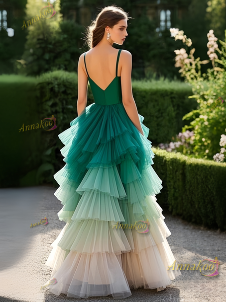 Shop 2025 ANNAKOO Green V Neck Satin Tulle A Line High Low Prom Dress Under 239