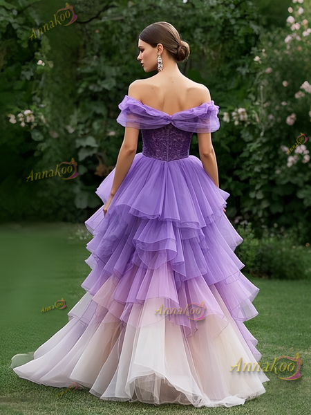 Shop 2025 ANNAKOO Off The Shoulder Appliques Purple Ombre Beading Prom Dress Under 298