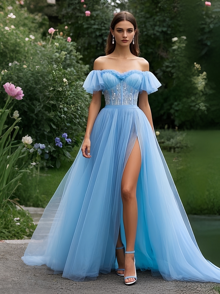 Shop 2025 ANNAKOO Blue Tulle Off The Shoulder Pleats A Line Prom Dress Under 198