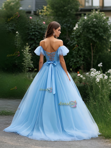 Shop 2025 ANNAKOO Blue Tulle Off The Shoulder Pleats A Line Prom Dress Under 198