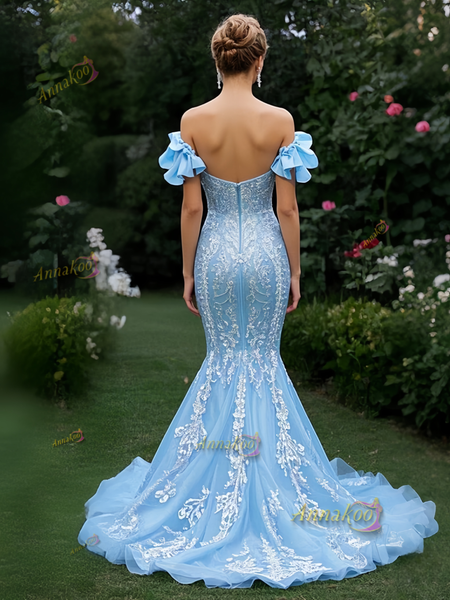 Shop 2025 ANNAKOO Off The Shoulder Appliques Tulle Trumpet Mermaid Prom Dress With Bow Under 289