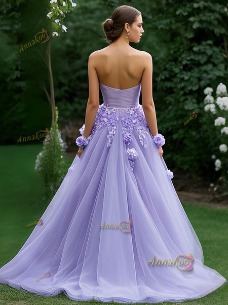 Shop 2025 ANNAKOO Purple Tulle Appliques Flower A Line Prom Dress With Slit Under 289