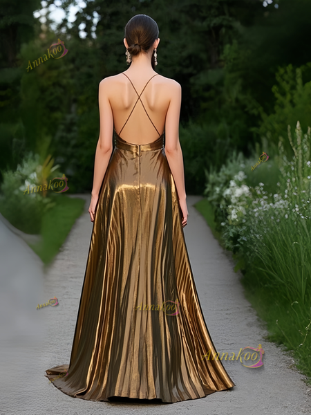 Shop 2025 ANNAKOO Coffee Spaghetti Straps Pleats Satin Prom Dress Under 189