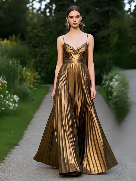 Shop 2025 ANNAKOO Coffee Spaghetti Straps Pleats Satin Prom Dress Under 189