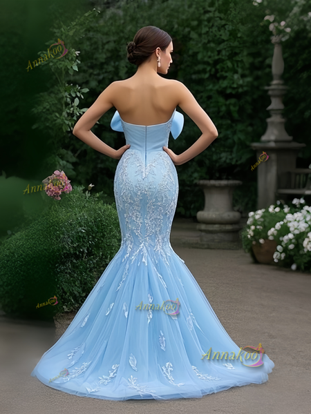 Shop 2025 ANNAKOO Light Blue Bow Trumpet Mermaid Tulle Appliques Prom Dress Under 229