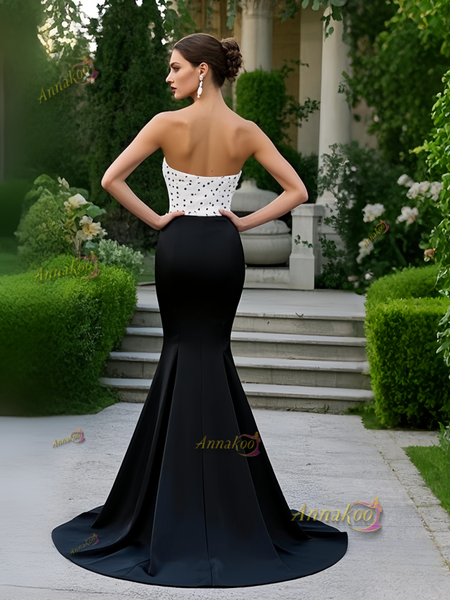 Shop 2025 ANNAKOO  Polka Dots Satin Sweetheart Black Trumpet Mermaid Prom Dress Under 159