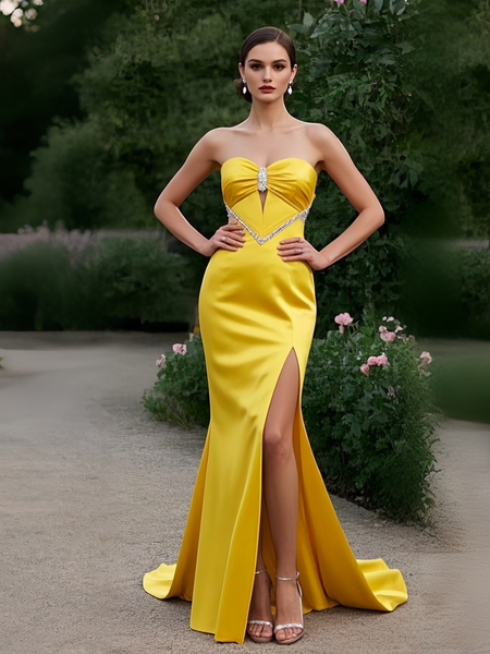 Shop 2025 ANNAKOO Sexy Yellow Sweetheart Beading Trumpet Mermaid Prom Dress With Slit Under 169
