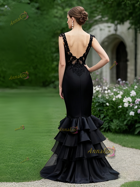 Shop 2025 ANNAKOO V Neck Lace Mermaid Backless Ruffles Black Prom Dress 229