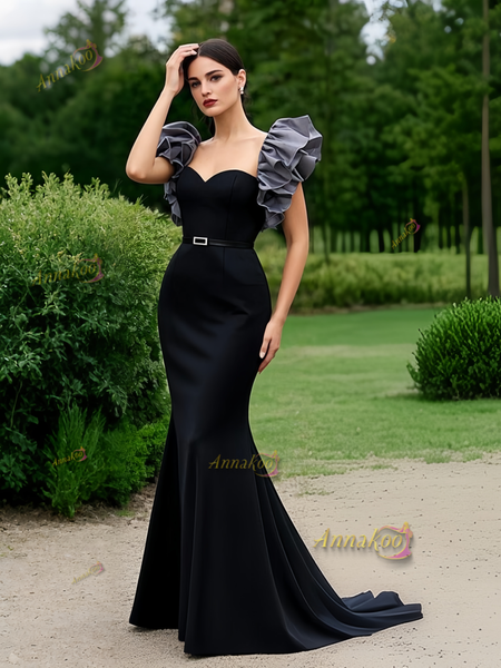 Shop 2025 ANNAKOO Ruffles Sweetheart Belt Black Trumpet Mermaid Prom Dress Under 169