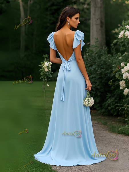 Shop 2025 ANNAKOO Cap Sleeve Square Neck Blue Chiffon Prom Dress With Slit Under 129