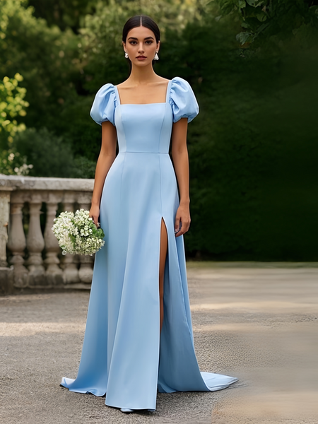 Shop 2025 ANNAKOO Puffy Sleeve Blue Square Satin Trumpet Mermaid Prom Dress With Slit Under 139