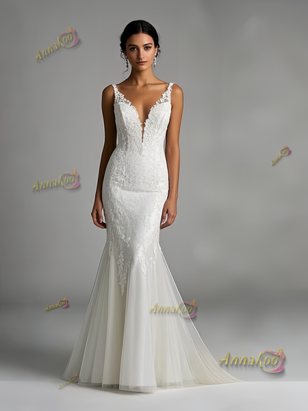 Shop 2025 ANNAKOO Deep V Neck Trumpet Mermaid Lace Wedding Dress under 219