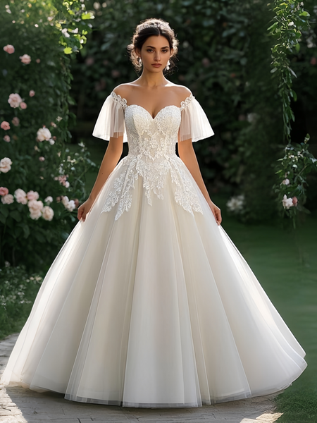 Shop 2025 ANNAKOO Cap Sleeves A Line Tulle Appliques Wedding Dress Under 239