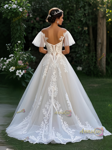 Shop 2025 ANNAKOO Cap Sleeves A Line Tulle Appliques Wedding Dress Under 239