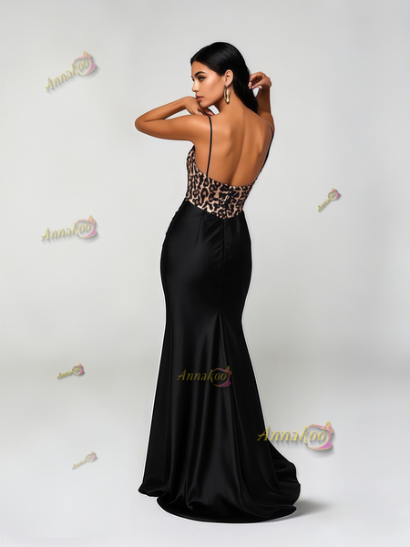 Shop 2025 ANNAKOO Trumpet Mermaid Leapord Satin Black Prom Dress Under 179
