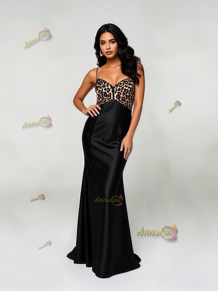 Shop 2025 ANNAKOO Trumpet Mermaid Leapord Satin Black Prom Dress Under 179