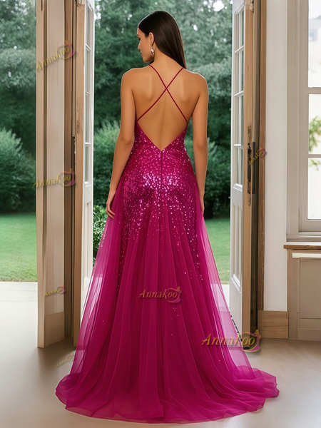 Shop 2025 ANNAKOO Fuchsia Deep V Neck Tulle Trumpet Mermaid Prom Dress With Slit Under 159