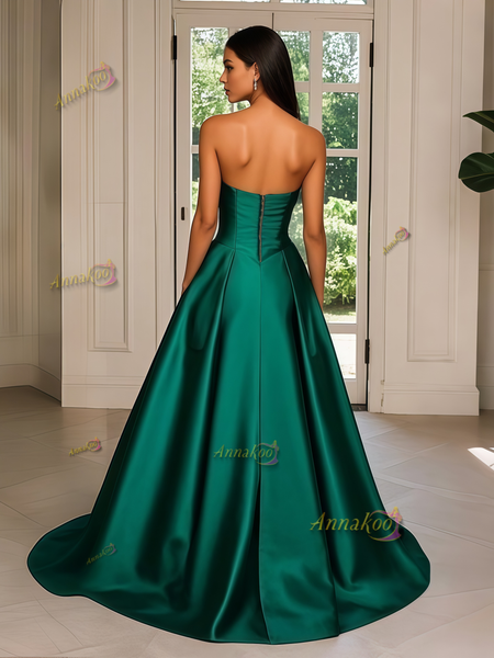 Shop 2025 ANNAKOO Green Sweetheart Beading Satin A Line Prom Dress With Slit Under 159