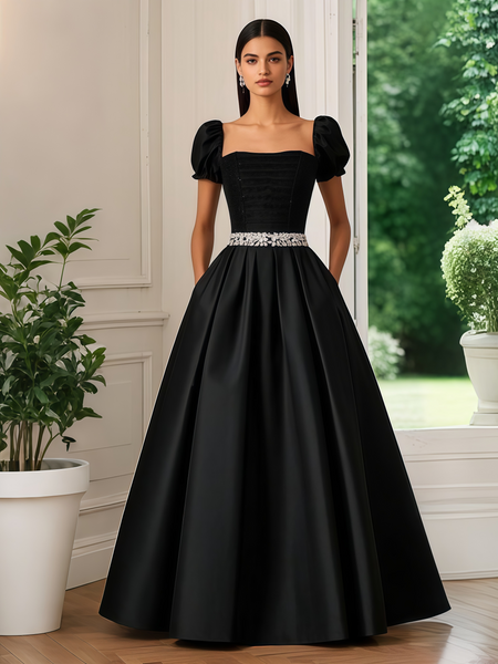 Shop 2025 ANNAKOO Black Puffy Sleeve Beading Square Neck Satin Prom Dress Under 189
