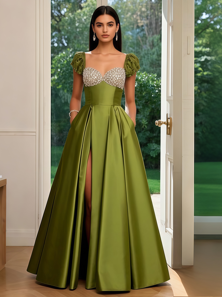 Shop 2025 ANNAKOO Olive Green Sati Sweetheart Beading Prom Dress With Slit Under 188