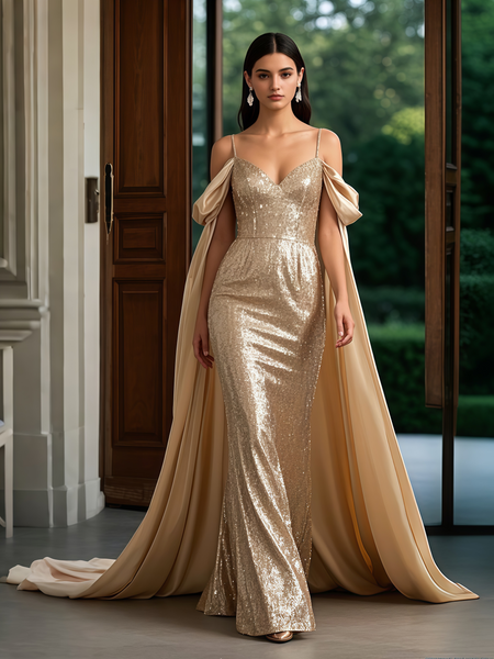 Shop 2025 ANNAKOO Gold Sequin Trumpet Mermaid Prom Dress With Cape Under 259