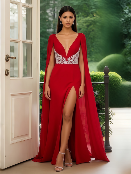 Shop 2025 ANNAKOO Red Cap V Neck Trumpet Mermaid Beading Prom Dress Under 187