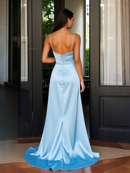 Shop 2025 ANNAKOO Spaghetti Straps Satin Blue Trumpet Mermaid Prom Dress Under 129