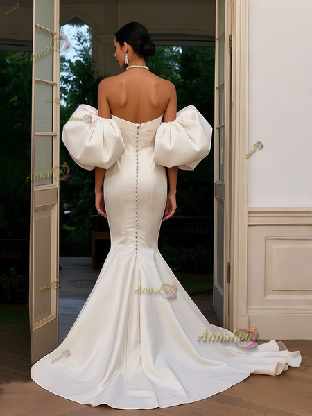 Shop 2025 ANNAKOO Beige Trumpet Mermaid Beading Puffy Sleeve Satin Prom Dress Under 298