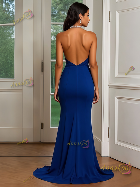 Shop 2025 ANNAKOO Blue Halter Beading Cut Out Satin Trumpet Mermaid Prom Dress With Slit Under 149