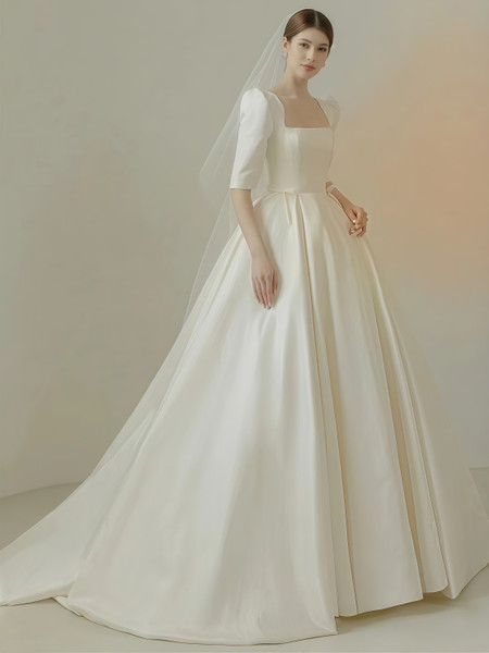 Shop 2025 ANNAKOO Short Sleeve Square Neck A Line Satin Wedding Dress Under 198