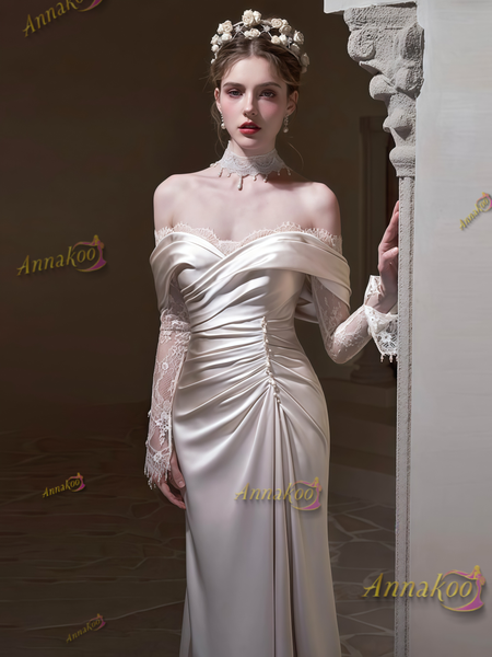 Shop 2025 ANNAKOO Long Sleeve Satin Off The Shoulder Wedding Dress Under 179