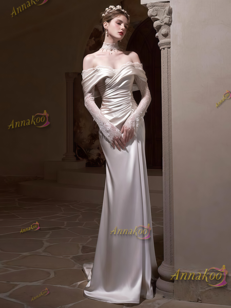 Shop 2025 ANNAKOO Long Sleeve Satin Off The Shoulder Wedding Dress Under 179