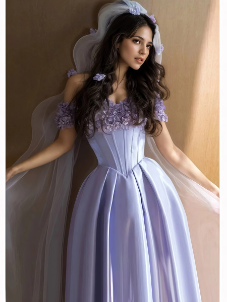 Shop 2025 ANNAKOO Lilac Purple Off The Shoulder Satin Flower Prom Dress Under 198