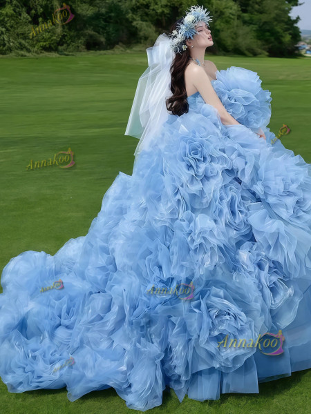 Shop 2025 ANNAKOO Sweetheart Blue Strapless Tulle Ball Gown Flower Prom Dress Under 399