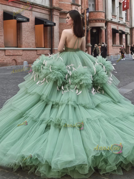 Shop 2025 ANNAKOO Green V Neck Layer Ball Gown Tulle Prom Dress Under 367