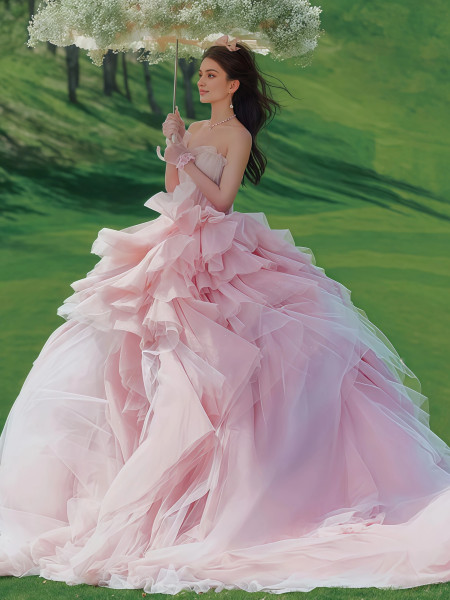 Shop 2025 ANNAKOO Pink Strapless Layers Ruffles Ball Gown Tulle Prom Dress Under 378