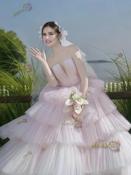 Pink Layers Strapless Tulle Sparkle Ball Gown Prom Dress