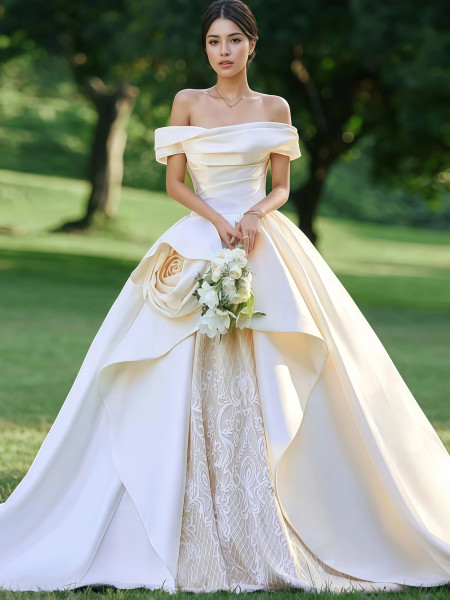 Shop 2025 ANNAKOO Off The Shoulder Satin Lace Flower Wedding Dress Under 298