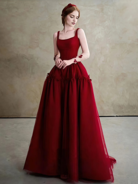 Shop 2025 ANNAKOO Square Neck A Line Tulle Burgundy Flower Prom Dress Under 158