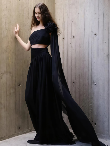 Shop 2025 ANNAKOO Black One Shoulder Chiffon Cut Out Cape Prom Dress Under 179