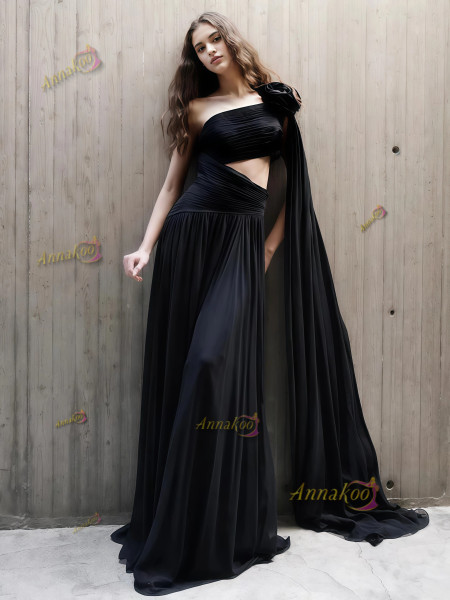 Shop 2025 ANNAKOO Black One Shoulder Chiffon Cut Out Cape Prom Dress Under 179