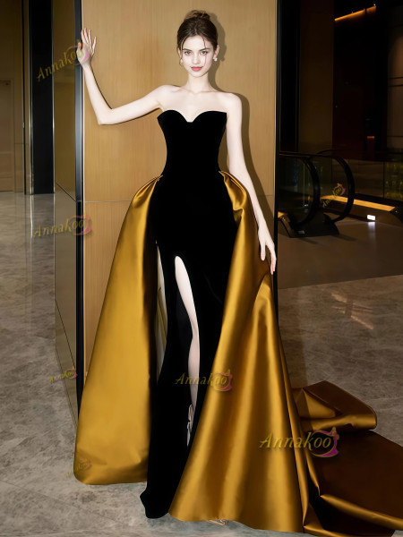 Shop 2025 ANNAKOO Black & Gold Sweetheart Satin A  Line Prom Dress With Slit Under 178
