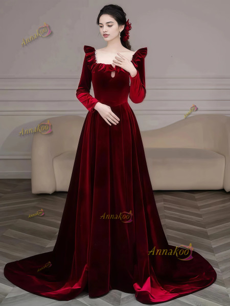 Shop 2025 ANNAKOO Long Sleeve Velvet Burgundy A Line Keyhole Prom Dress Under 149
