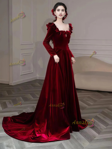 Shop 2025 ANNAKOO Long Sleeve Velvet Burgundy A Line Keyhole Prom Dress Under 149