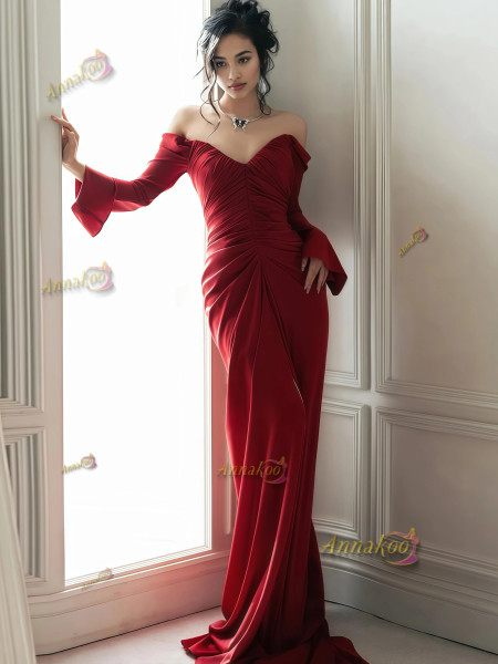 Shop 2025 ANNAKOO Ruched Satin Long Sleeve Trumpet Mermaid Prom Dress Under 150