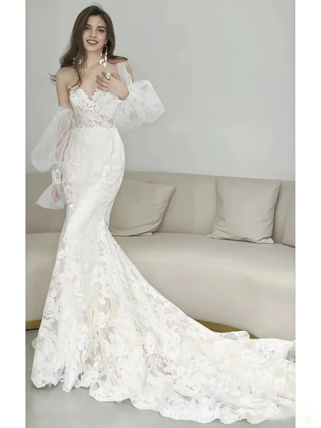 Shop 2025 ANNAKOO Puffy Sleeve Trumpet Mermaid Lace Off The Shoulder Wedding Dress Under 256