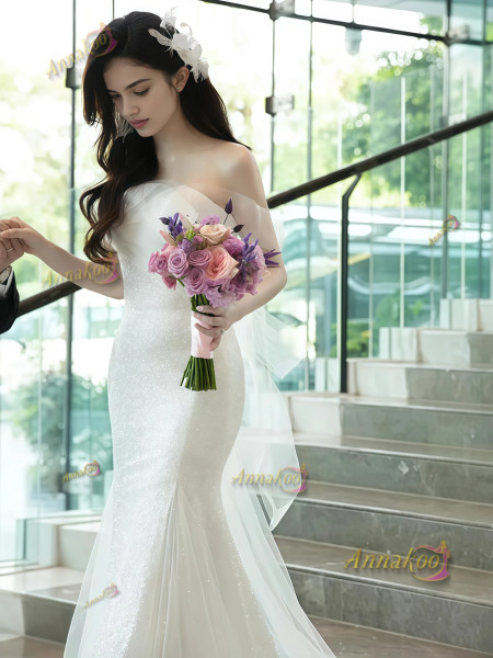 Shop 2025 ANNAKOO Off The Shoulder Sequin Trumpet Mermaid Bow Wedding Dress Under 189